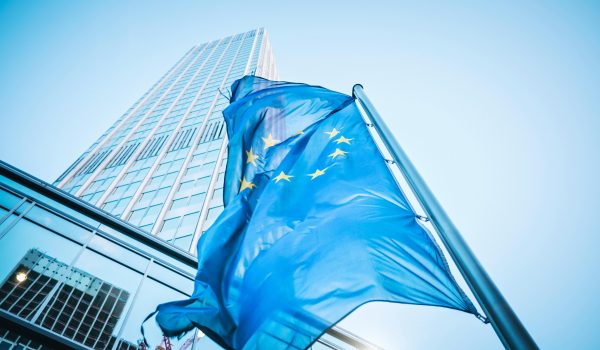 Flag of the European Community in front of the Eurotower in Frankfurt am Main